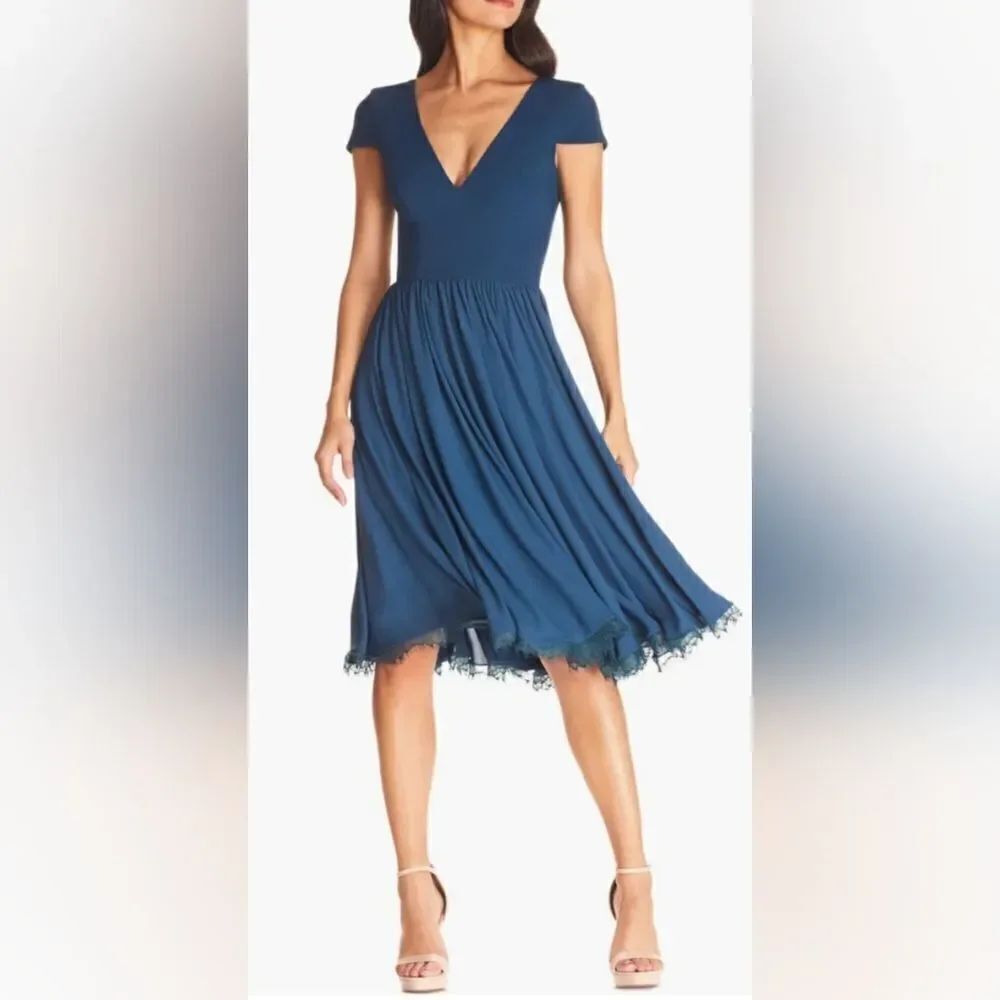 DRESS THE POPULATION Corey Chiffon Fit & Flare Cocktail Dress NWOT sz M blue